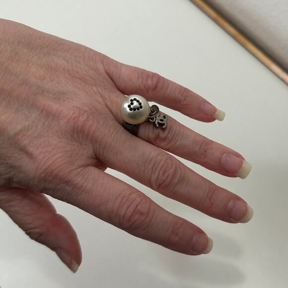 Chanel Paris Silver Embossed Logo Pearl Crystal Heart Dangle Ring 6.5 - Picture 1 of 16